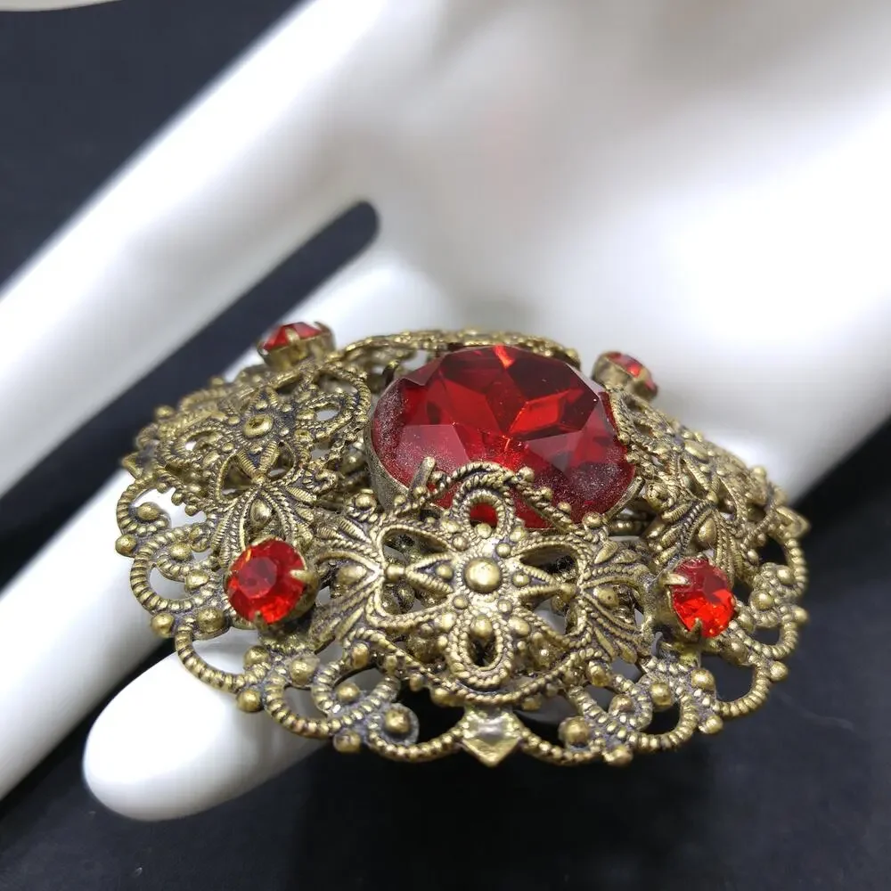 Red Rhinestone Filigree Brooch, Unmarked Germany or Czech, 1940s Vintage Jewelry